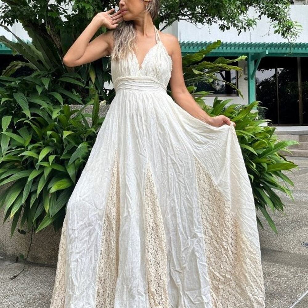 SEXY halter Maxi Dress Boho Cotton Lace Trimmed Dress - Picture 1 of 6